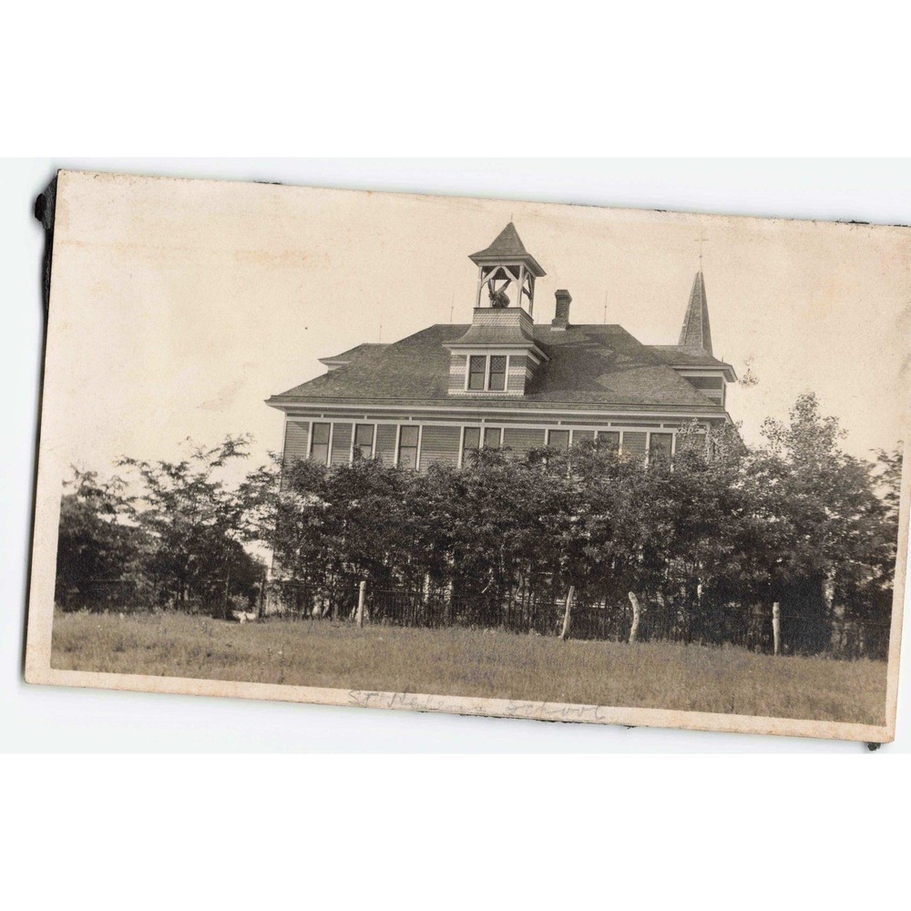 RPPC St. Helens School Building Bell Tower Steeple c1910 Real Photo Postcard